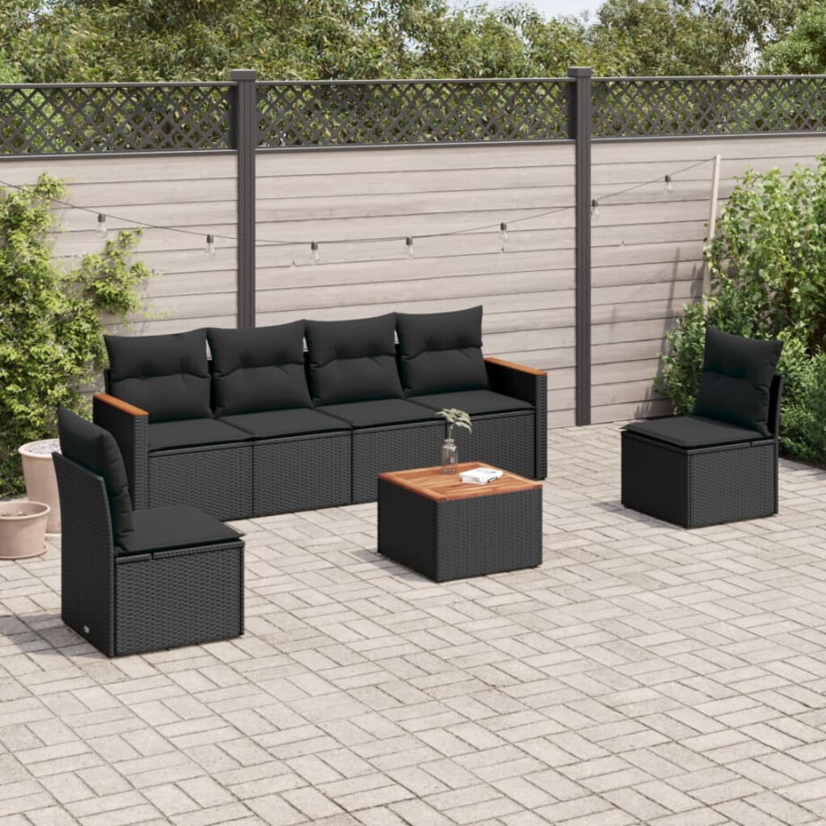 vidaXL 7-delige Loungeset met kussens poly rattan zwart vidaXL 7-delige Loungeset met kussens poly rattan zwart afbeelding 1
