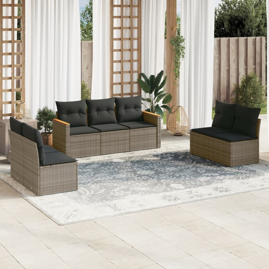 vidaXL 7-delige Loungeset met kussens poly rattan grijs afbeelding 1