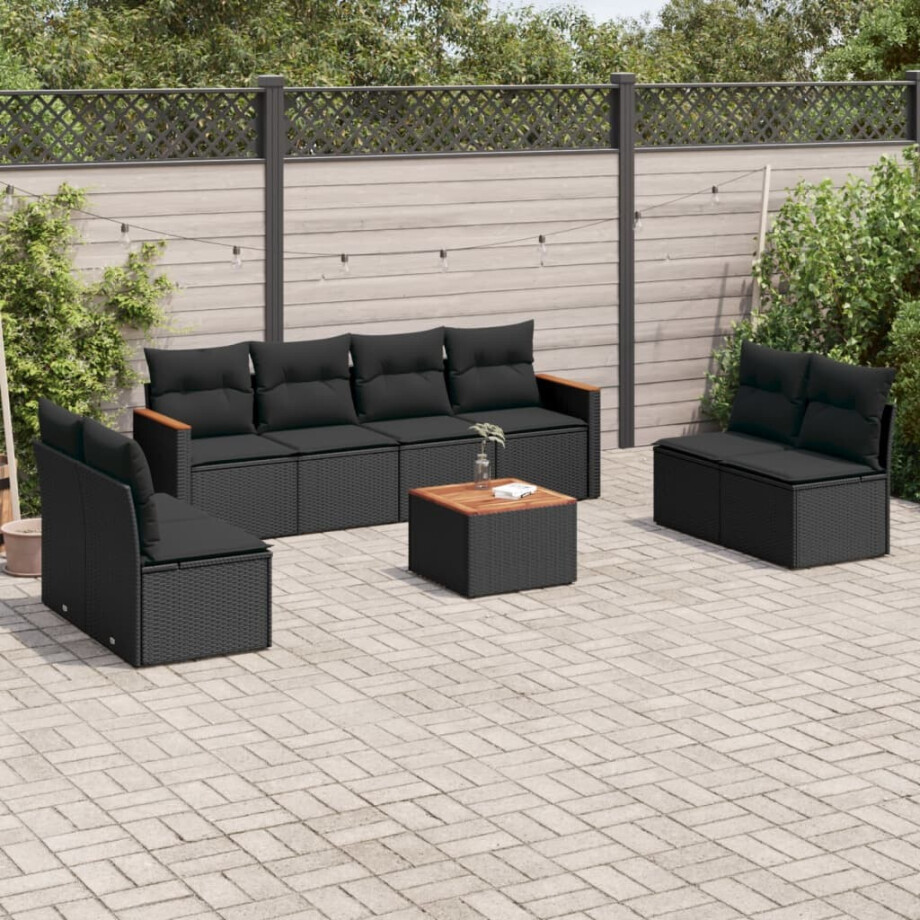 vidaXL 9-delige Loungeset met kussens poly rattan zwart vidaXL 9-delige Loungeset met kussens poly rattan zwart afbeelding 1