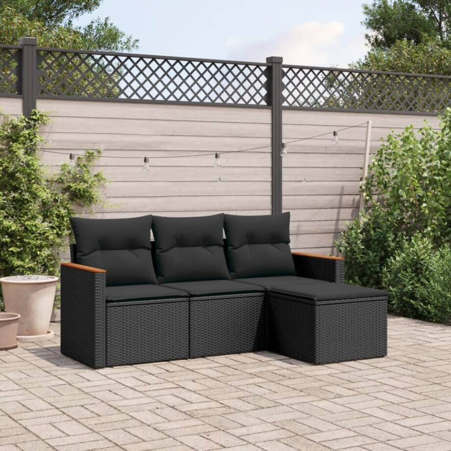 vidaXL 4-delige Loungeset met kussens poly rattan zwart afbeelding 1