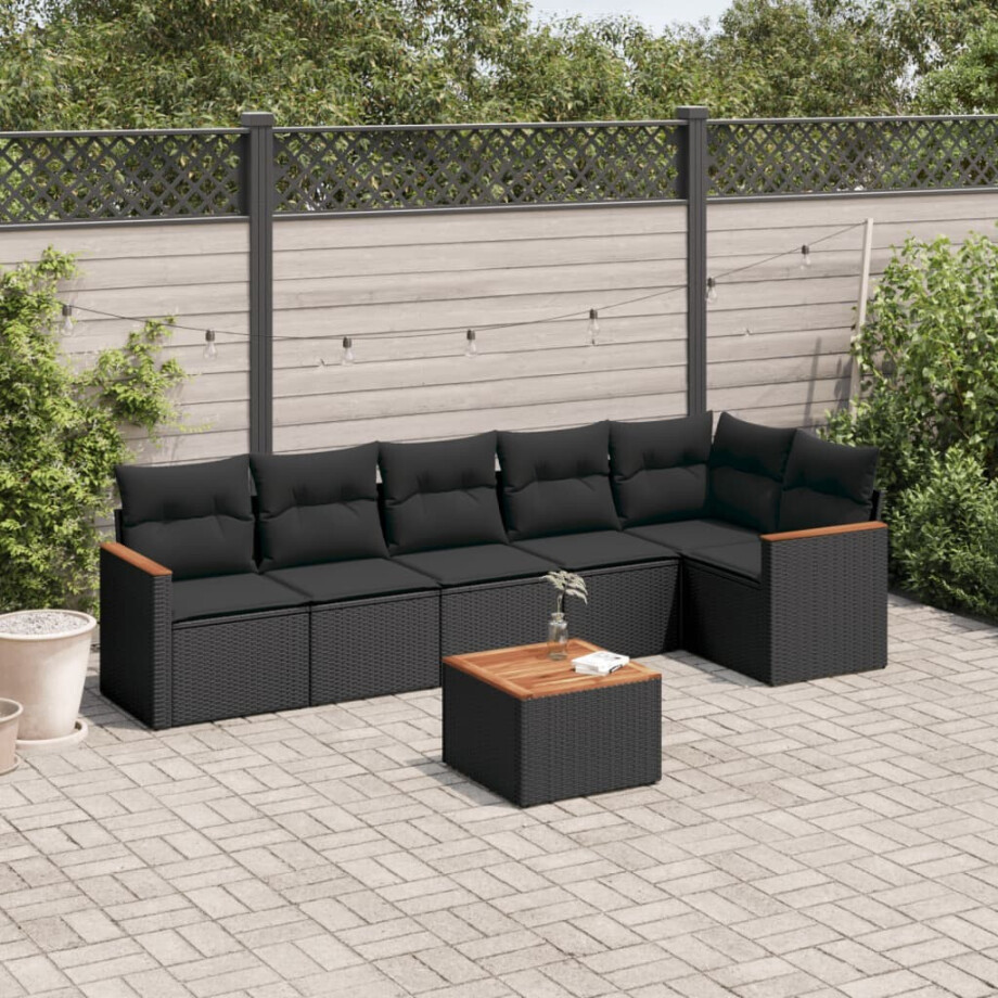 vidaXL 7-delige Loungeset met kussens poly rattan zwart afbeelding 1