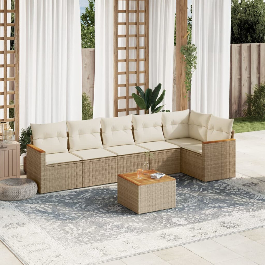 vidaXL 7-delige Loungeset met kussens poly rattan beige afbeelding 1