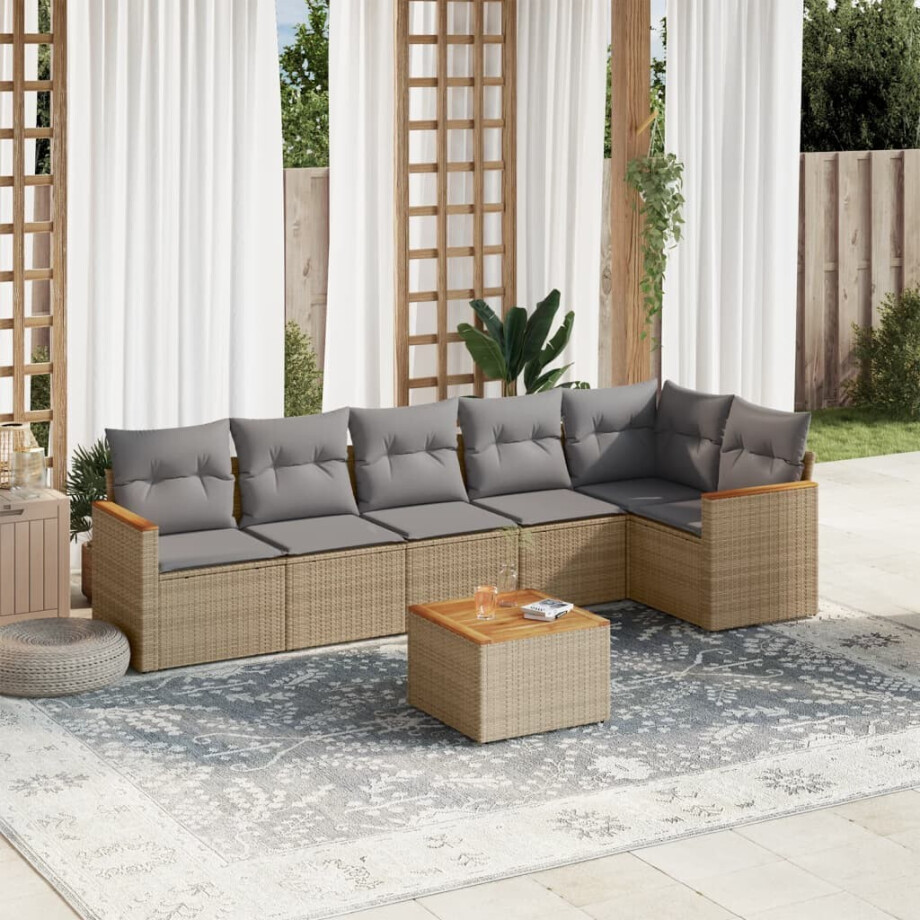 vidaXL 7-delige Loungeset met kussens poly rattan beige vidaXL 7-delige Loungeset met kussens poly rattan beige afbeelding 1