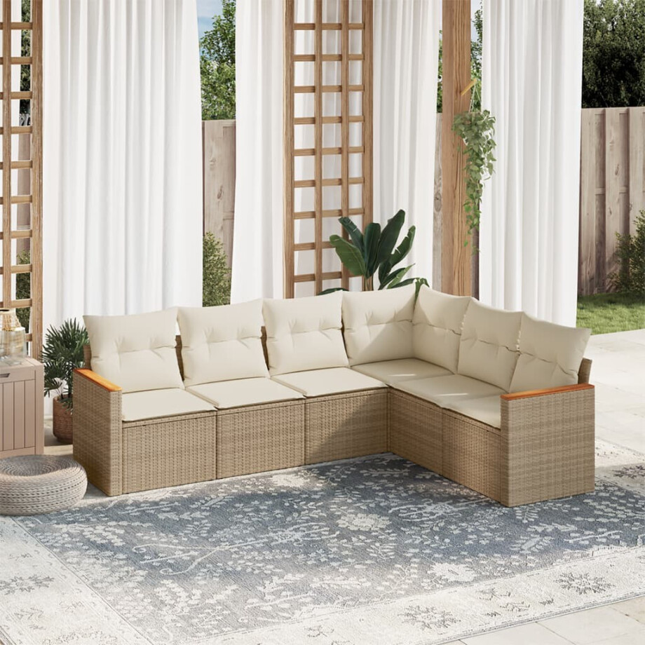 vidaXL 6-delige Loungeset met kussens poly rattan beige afbeelding 1
