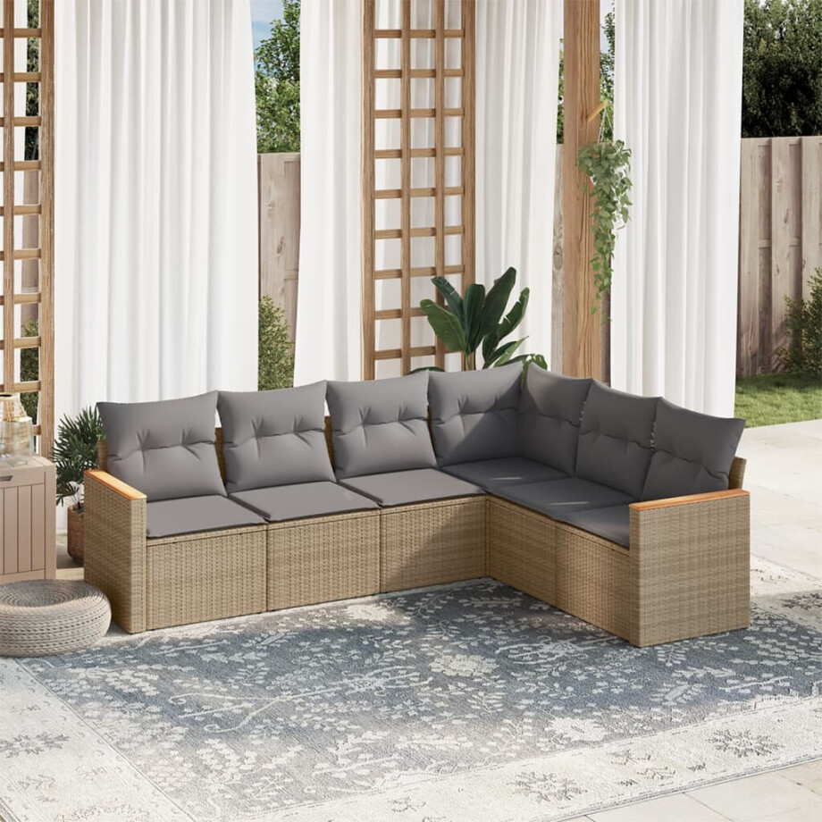 vidaXL 6-delige Loungeset met kussens poly rattan beige afbeelding 1