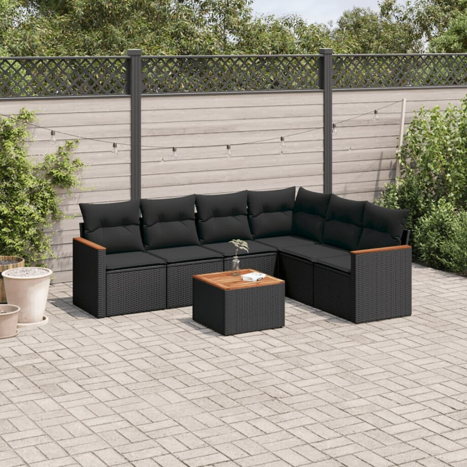 vidaXL 7-delige Loungeset met kussens poly rattan zwart vidaXL 7-delige Loungeset met kussens poly rattan zwart afbeelding 1