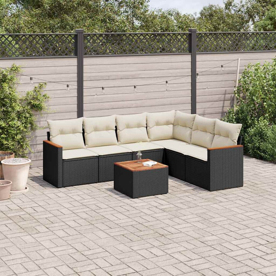 vidaXL 7-delige Loungeset met kussens poly rattan zwart afbeelding 1