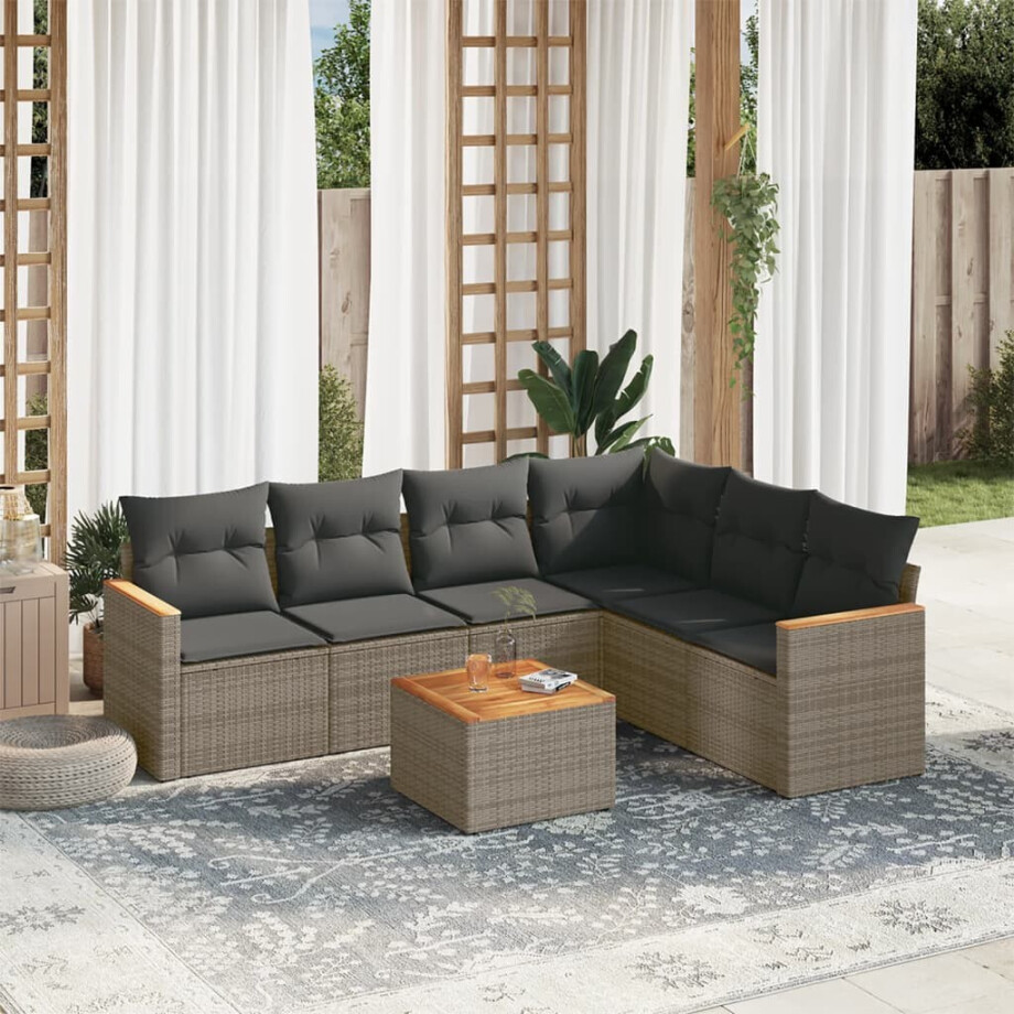 vidaXL 7-delige Loungeset met kussens poly rattan grijs afbeelding 1