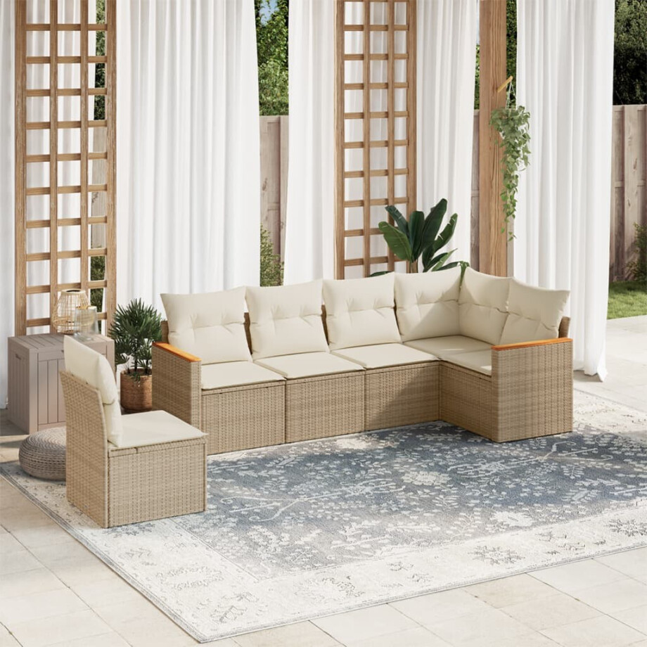 vidaXL 6-delige Loungeset met kussens poly rattan beige afbeelding 1