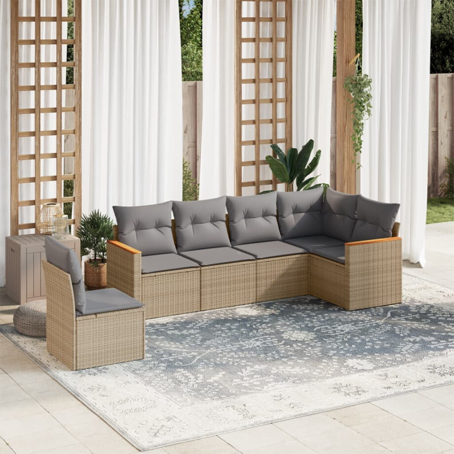 vidaXL 6-delige Loungeset met kussens poly rattan beige afbeelding 1