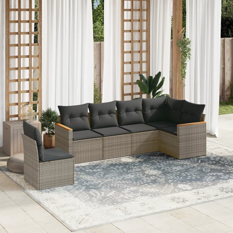 vidaXL 6-delige Loungeset met kussens poly rattan grijs afbeelding 1