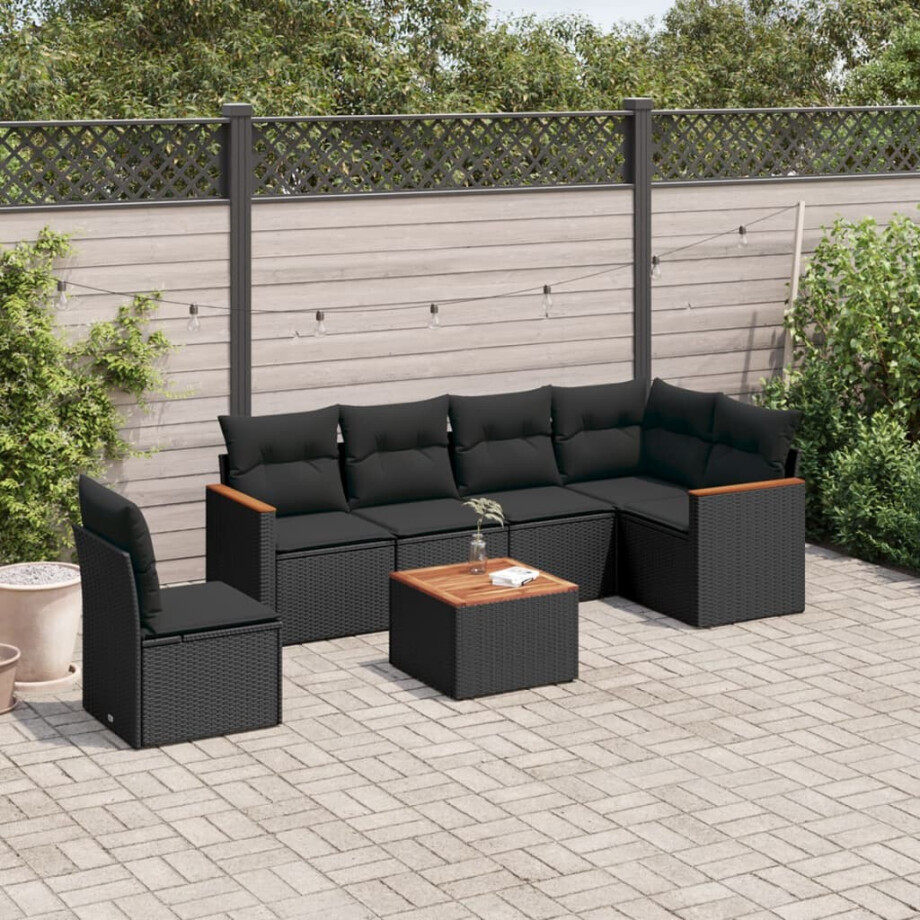 vidaXL 7-delige Loungeset met kussens poly rattan zwart afbeelding 1