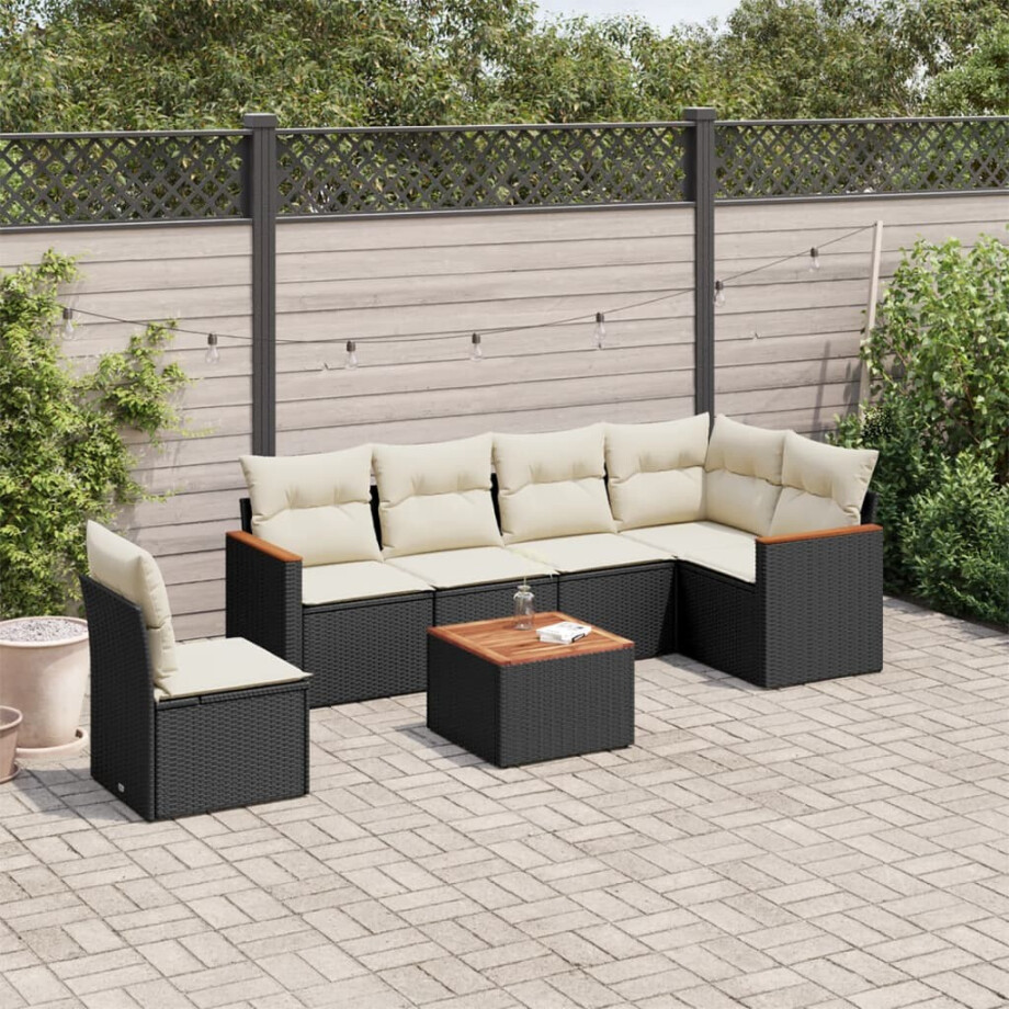 vidaXL 7-delige Loungeset met kussens poly rattan zwart vidaXL 7-delige Loungeset met kussens poly rattan zwart afbeelding 1