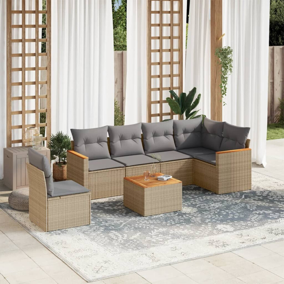 vidaXL 7-delige Loungeset met kussens poly rattan beige afbeelding 1
