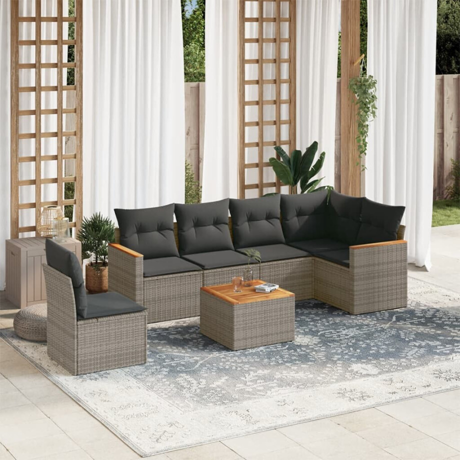 vidaXL 7-delige Loungeset met kussens poly rattan grijs afbeelding 1