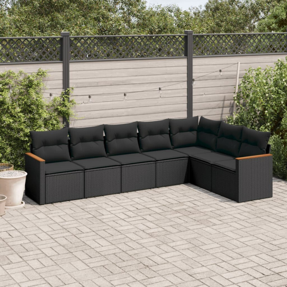 vidaXL 7-delige Loungeset met kussens poly rattan zwart afbeelding 1