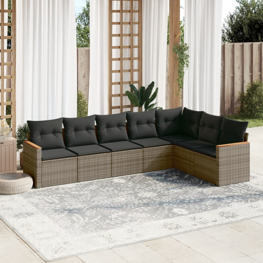 vidaXL 7-delige Loungeset met kussens poly rattan grijs afbeelding 1