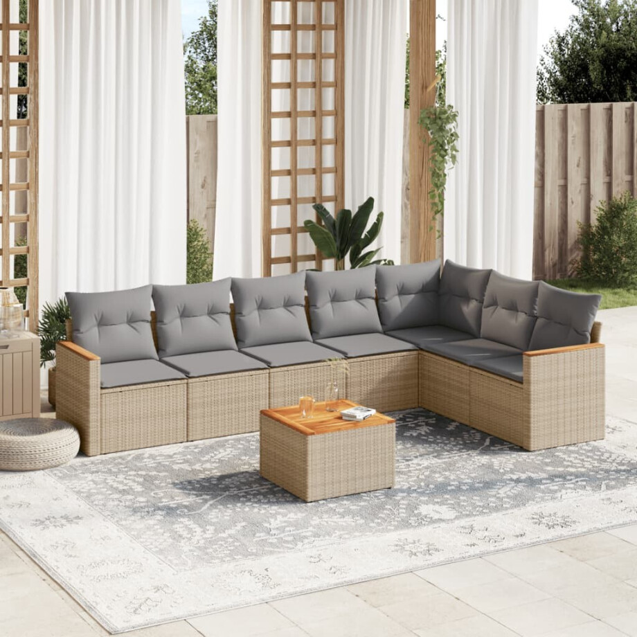 vidaXL 8-delige Loungeset met kussens poly rattan beige afbeelding 1
