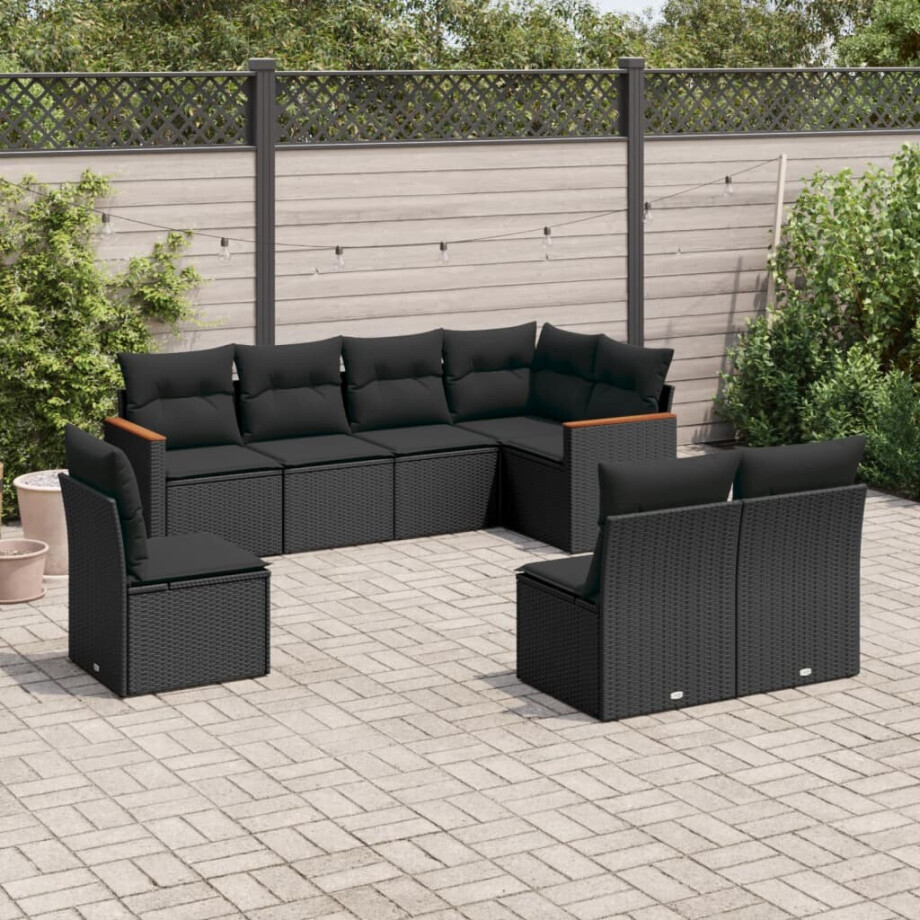 vidaXL 8-delige Loungeset met kussens poly rattan zwart afbeelding 1