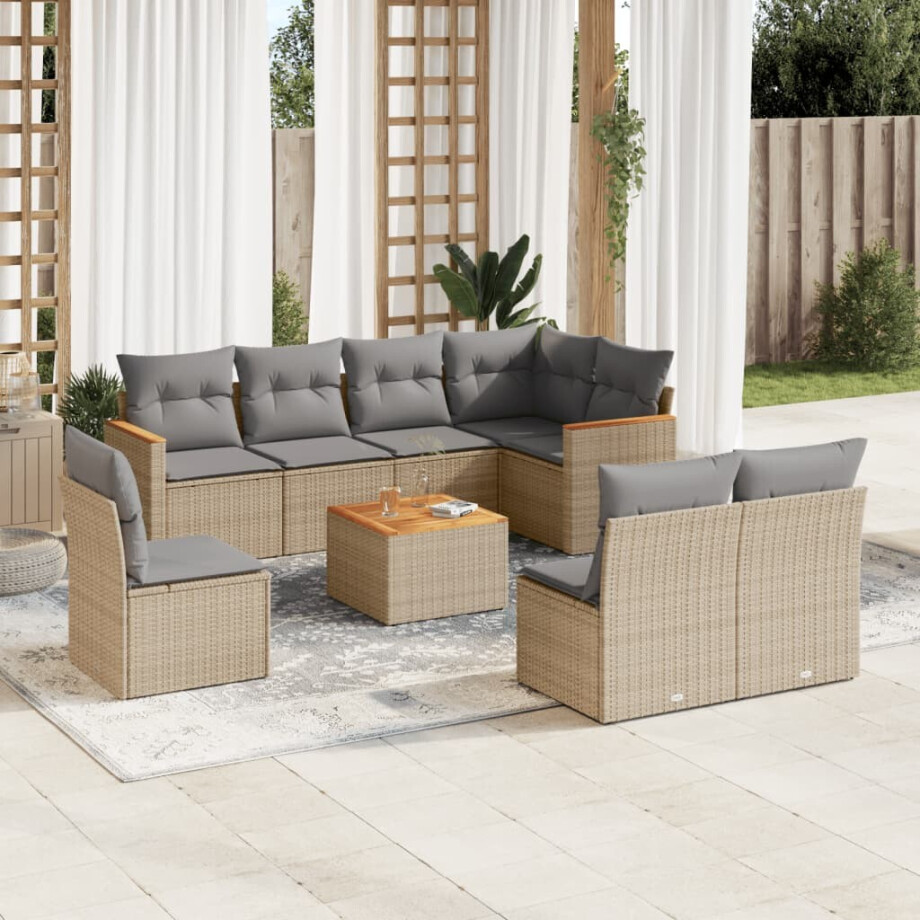 vidaXL 9-delige Loungeset met kussens poly rattan beige afbeelding 1