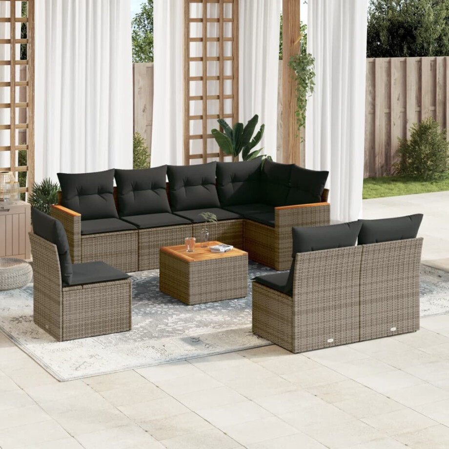 vidaXL 9-delige Loungeset met kussens poly rattan grijs afbeelding 1