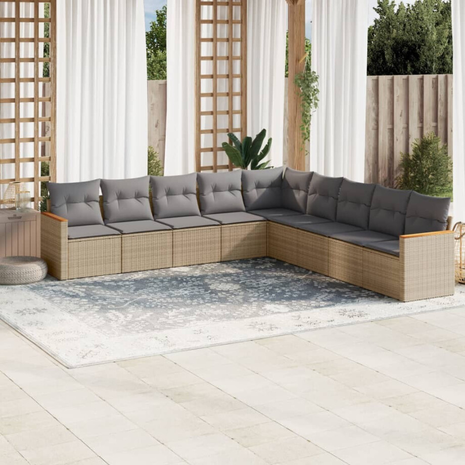 vidaXL 9-delige Loungeset met kussens poly rattan beige afbeelding 1