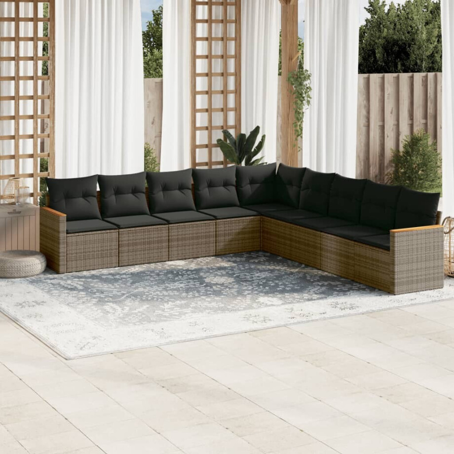 vidaXL 9-delige Loungeset met kussens poly rattan grijs afbeelding 1