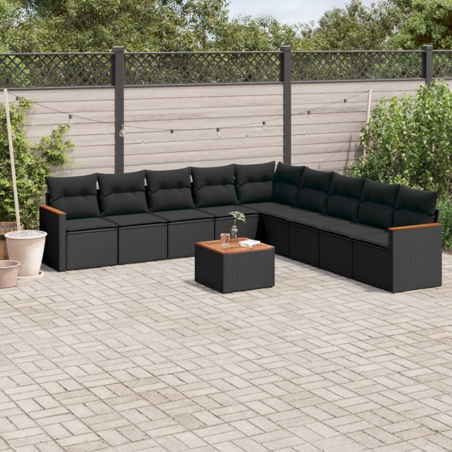 vidaXL 10-delige Loungeset met kussens poly rattan zwart afbeelding 1