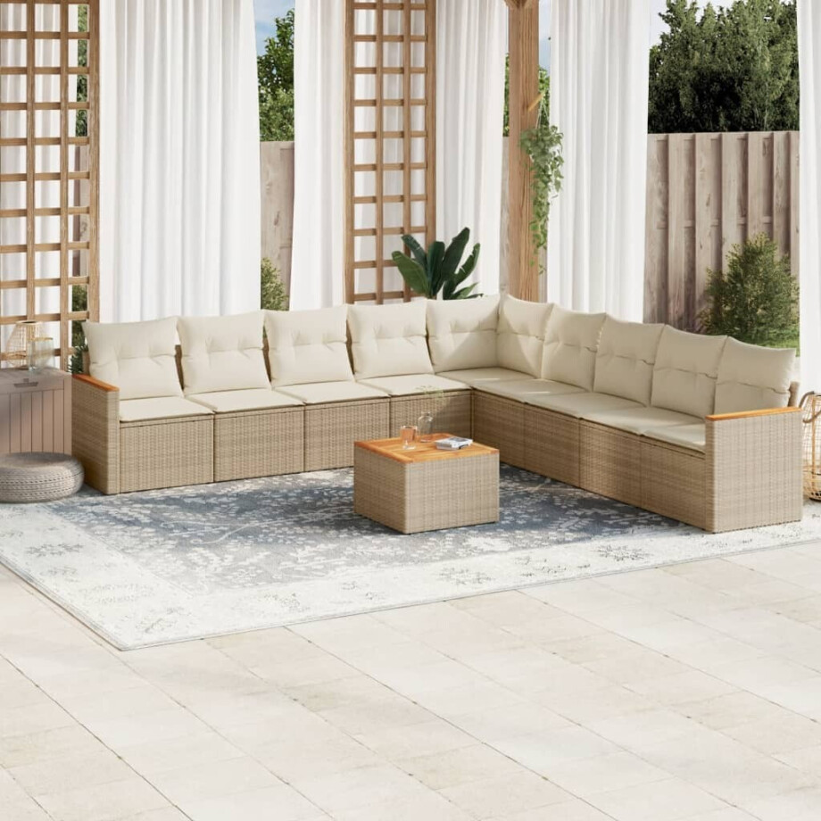 vidaXL 10-delige Loungeset met kussens poly rattan beige afbeelding 1