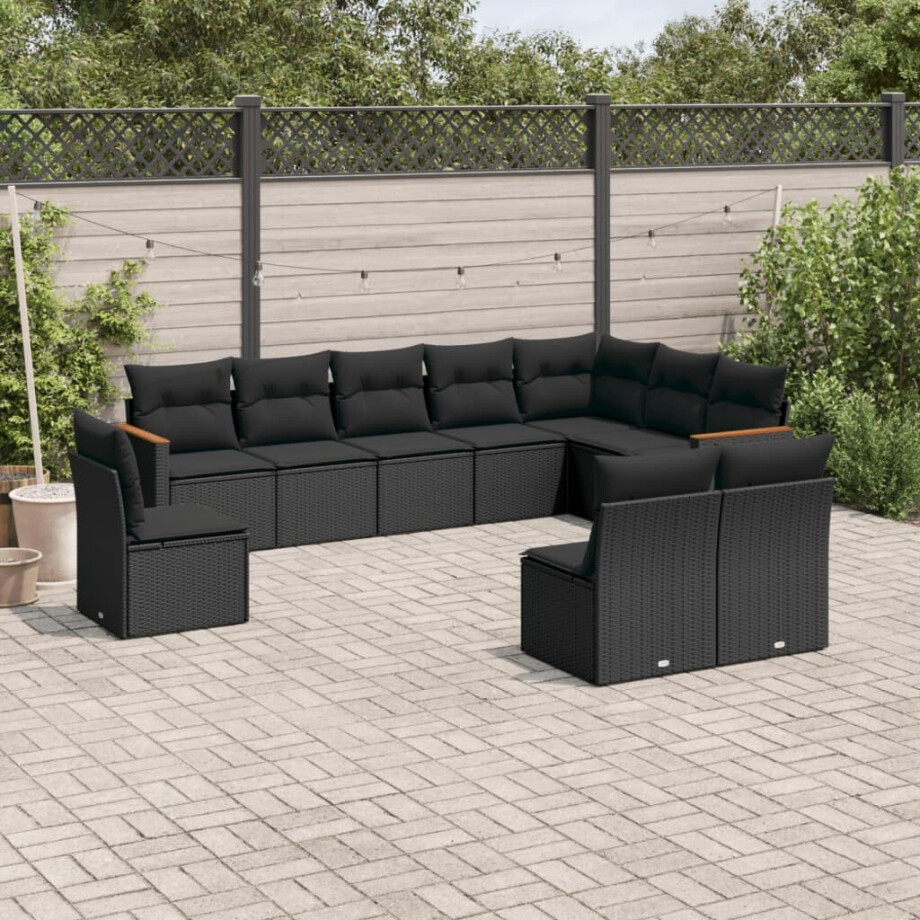 vidaXL 10-delige Loungeset met kussens poly rattan zwart afbeelding 1