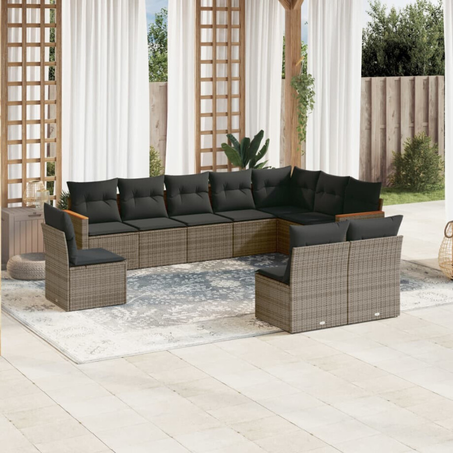 vidaXL 10-delige Loungeset met kussens poly rattan grijs afbeelding 1