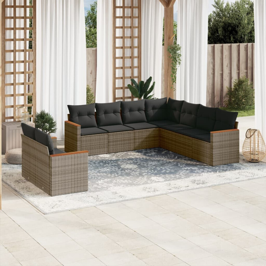 vidaXL 9-delige Loungeset met kussens poly rattan grijs afbeelding 1