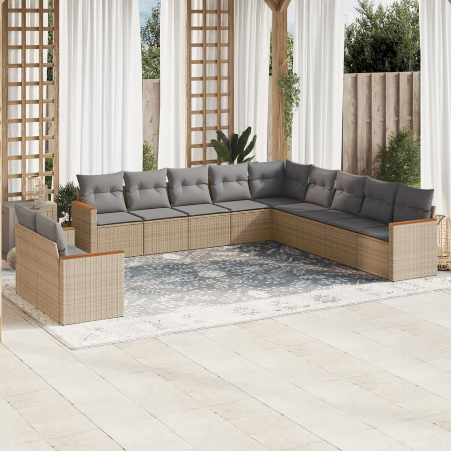 vidaXL 11-delige Tuinset met kussens poly rattan beige afbeelding 1
