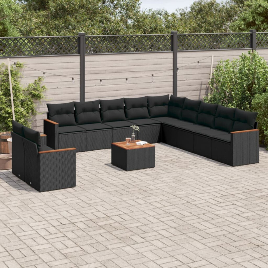 vidaXL 12-delige Loungeset met kussens poly rattan zwart afbeelding 1