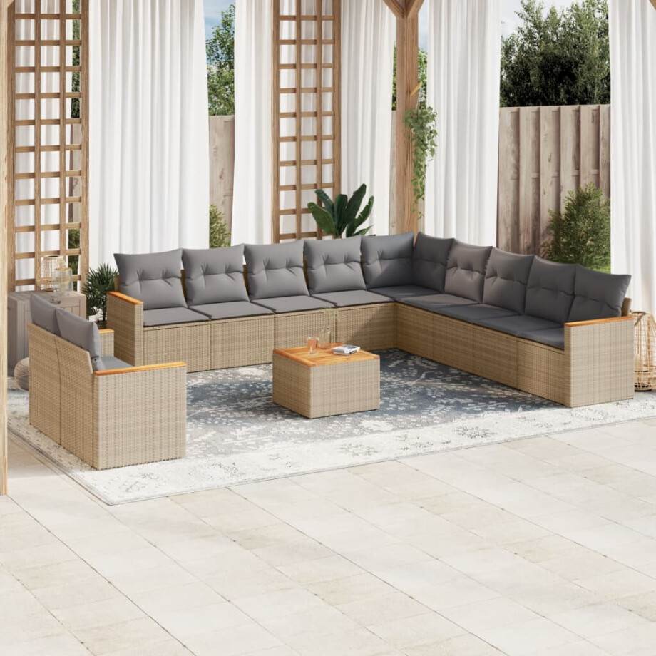 vidaXL 12-delige Loungeset met kussens poly rattan beige afbeelding 1
