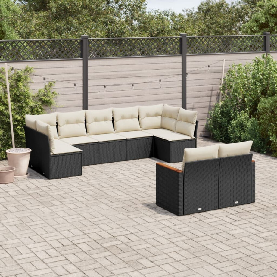 vidaXL 9-delige Loungeset met kussens poly rattan zwart vidaXL 9-delige Loungeset met kussens poly rattan zwart afbeelding 1