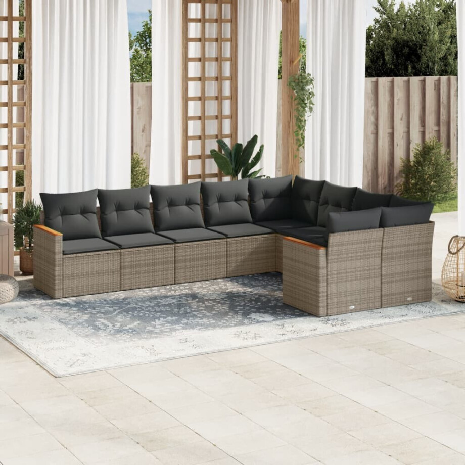 vidaXL 9-delige Loungeset met kussens poly rattan grijs afbeelding 1