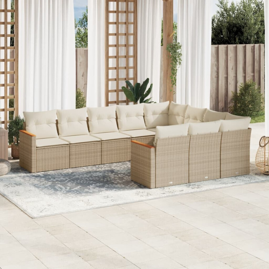 vidaXL 10-delige Loungeset met kussens poly rattan beige vidaXL 10-delige Loungeset met kussens poly rattan beige afbeelding 1
