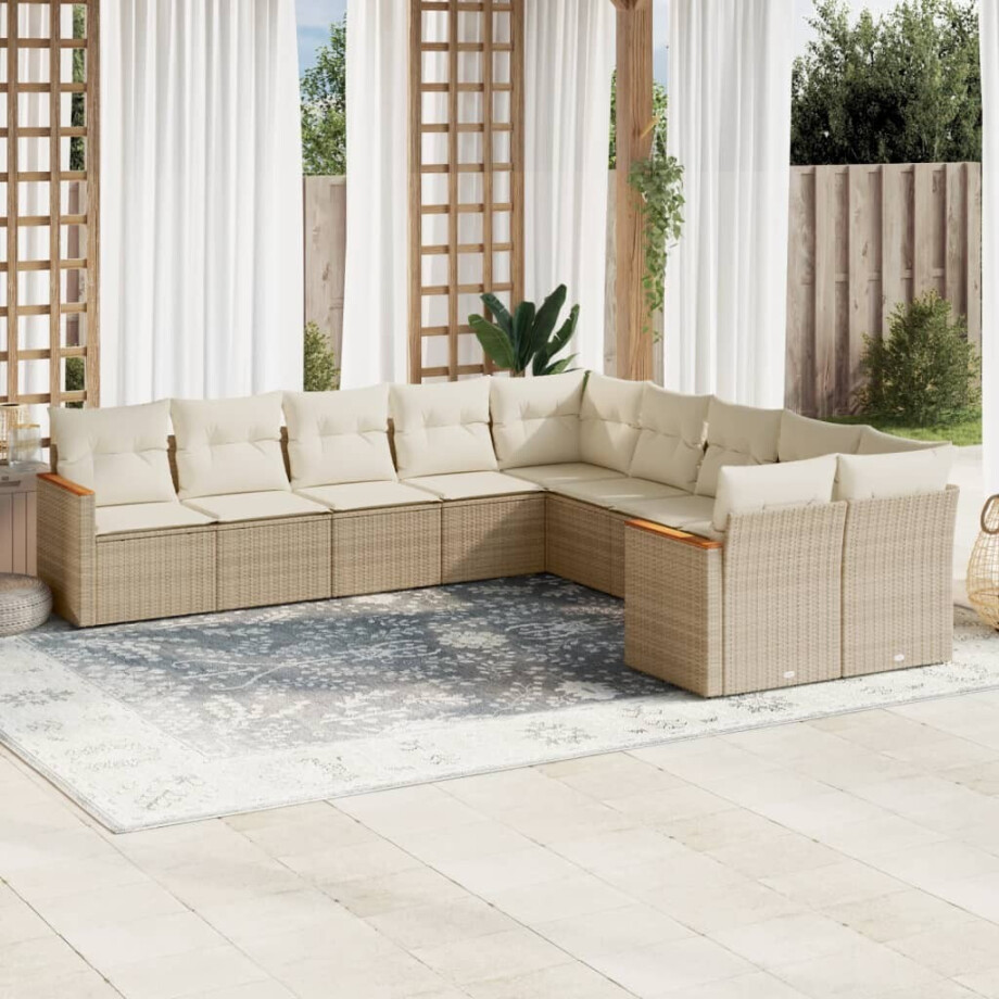 vidaXL 10-delige Loungeset met kussens poly rattan beige vidaXL 10-delige Loungeset met kussens poly rattan beige afbeelding 1
