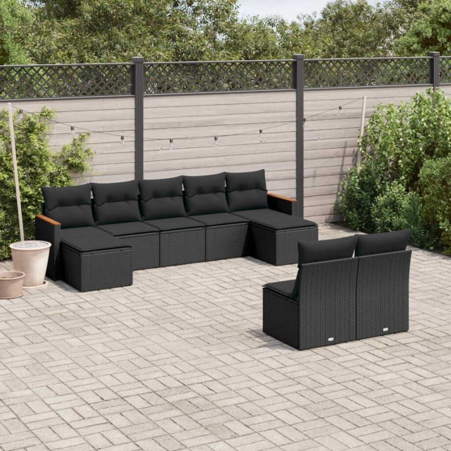 vidaXL 9-delige Loungeset met kussens poly rattan zwart vidaXL 9-delige Loungeset met kussens poly rattan zwart afbeelding 1