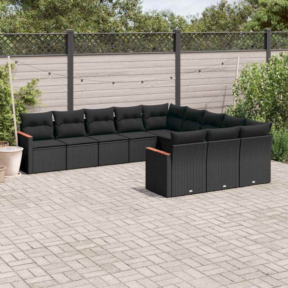 vidaXL 11-delige Loungeset met kussens poly rattan zwart afbeelding 1