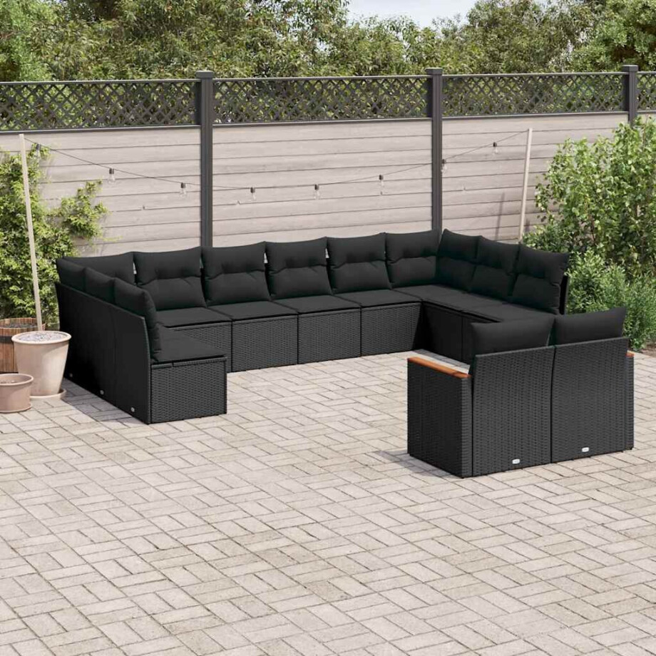 vidaXL 12-delige Loungeset met kussens poly rattan zwart afbeelding 1