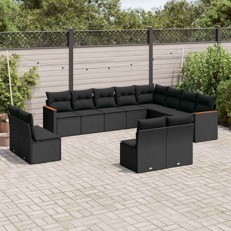 vidaXL 12-delige Loungeset met kussens poly rattan zwart afbeelding 1