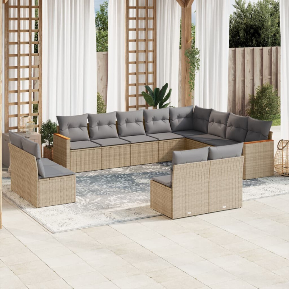 vidaXL 12-delige Loungeset met kussens poly rattan beige vidaXL 12-delige Loungeset met kussens poly rattan beige afbeelding 1
