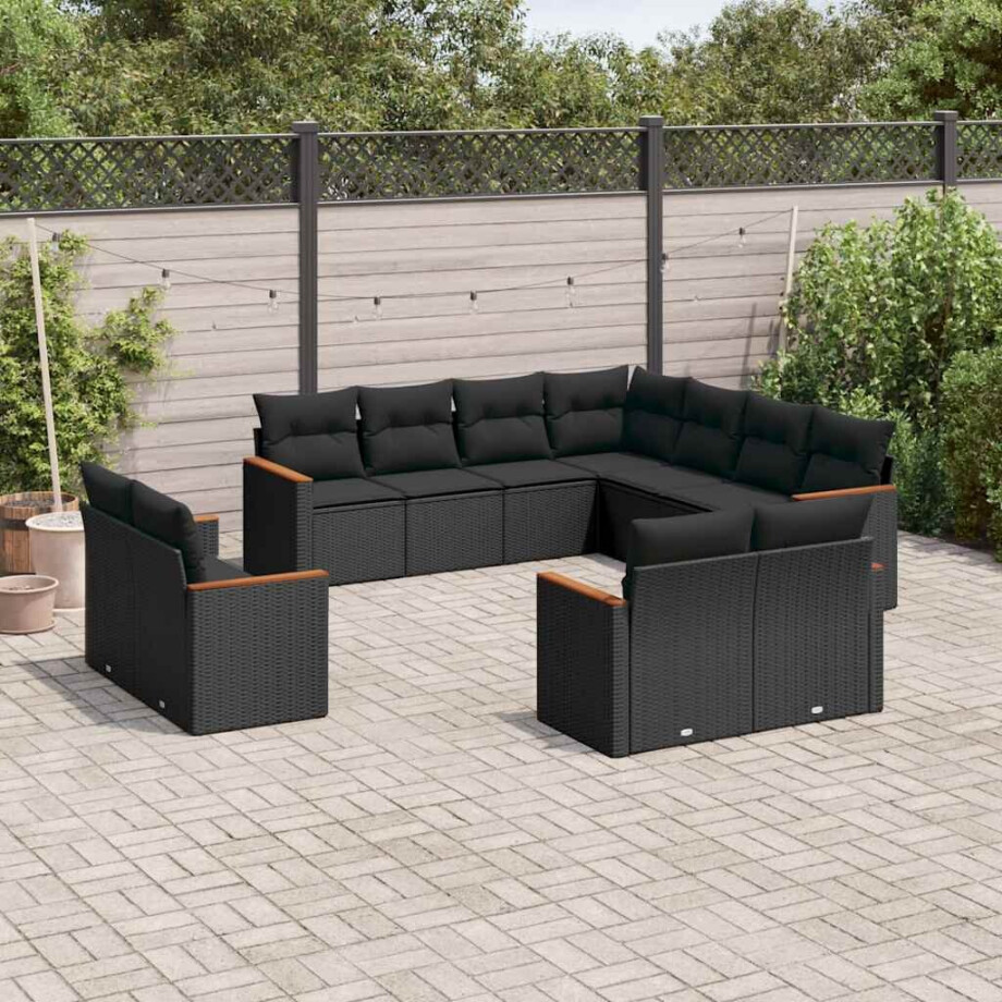 vidaXL 11-delige Loungeset met kussens poly rattan zwart afbeelding 1