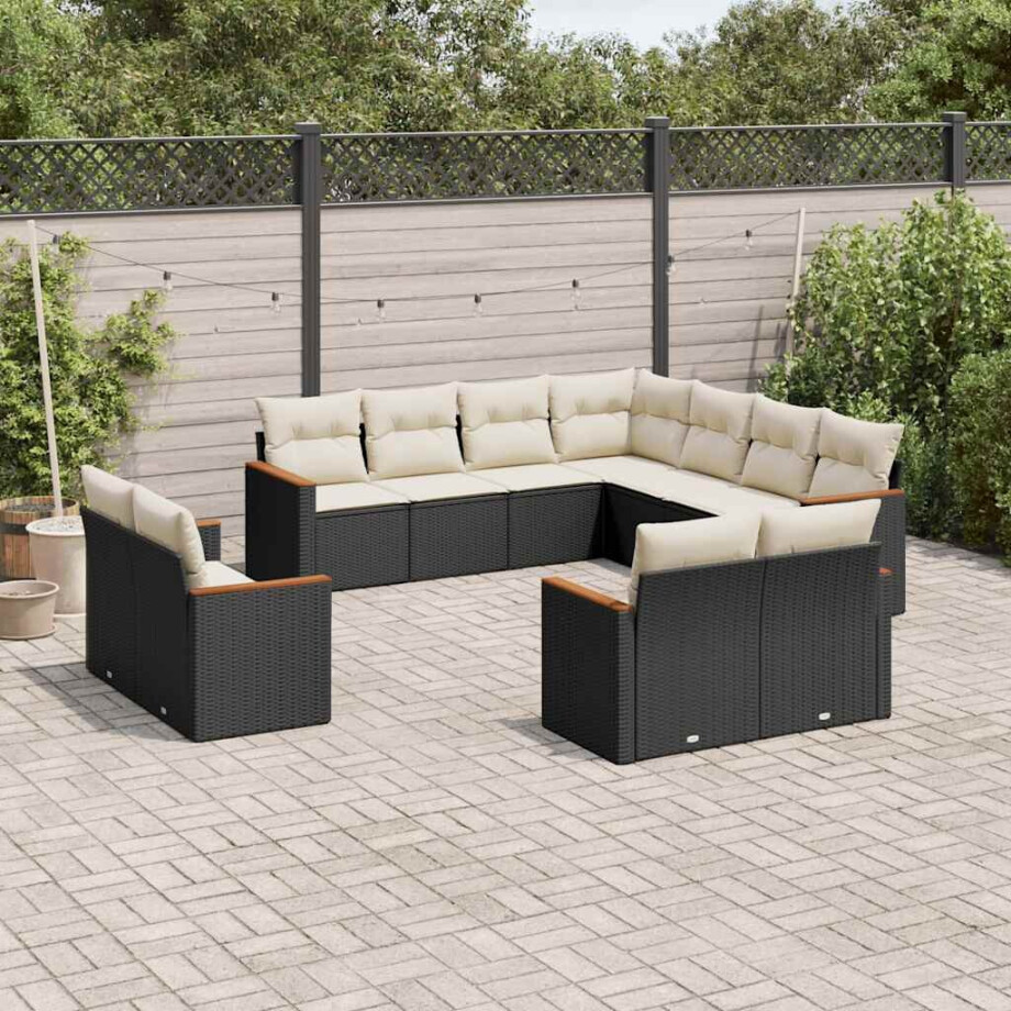 vidaXL 11-delige Loungeset met kussens poly rattan zwart afbeelding 1