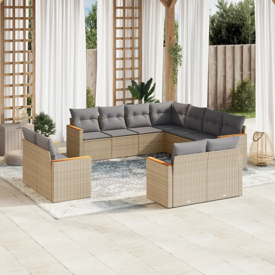 vidaXL 11-delige Tuinset met kussens poly rattan beige afbeelding 1