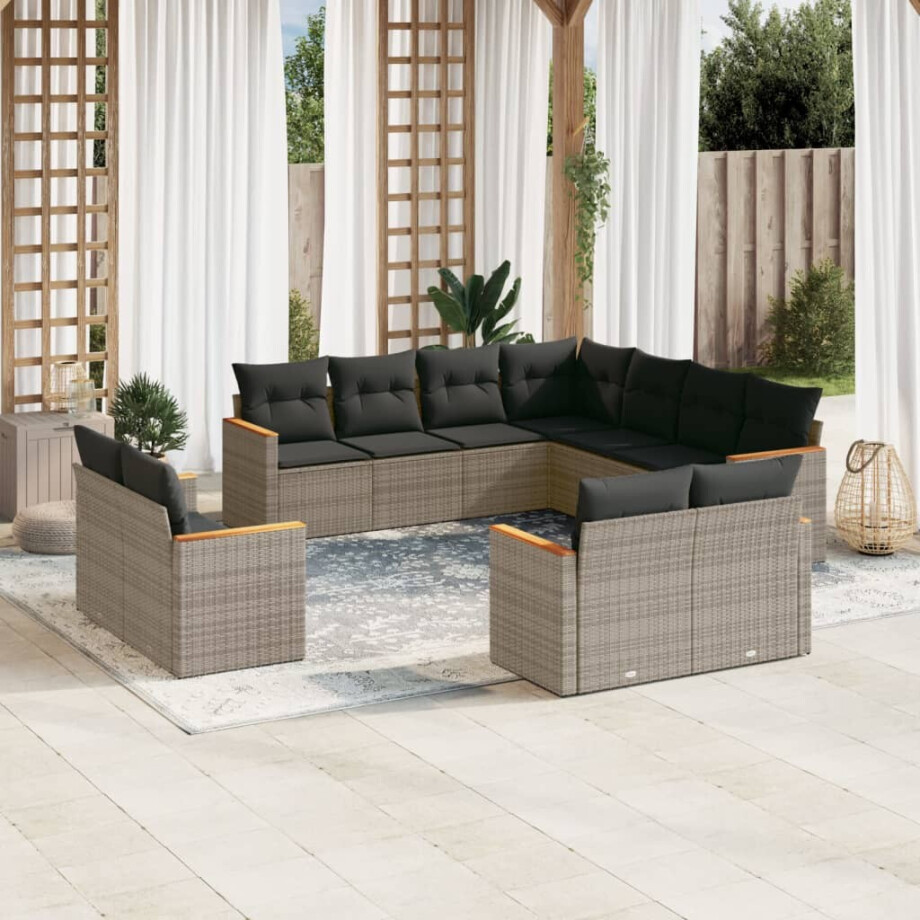 vidaXL 11-delige Loungeset met kussens poly rattan grijs afbeelding 1