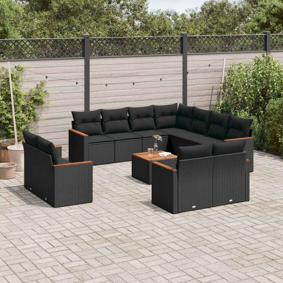 vidaXL 12-delige Loungeset met kussens poly rattan zwart afbeelding 1