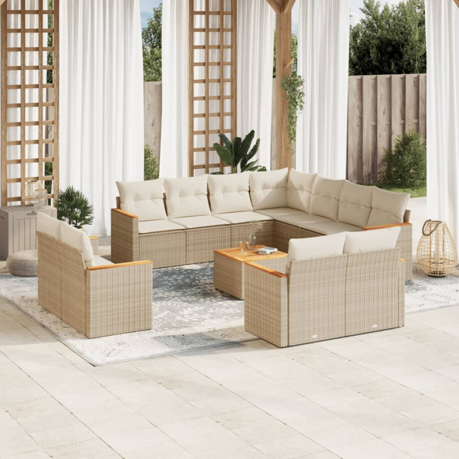 vidaXL 12-delige Loungeset met kussens poly rattan beige afbeelding 1